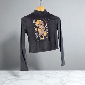 Black Sz L Long Sleeve Crop Top with Dragon Print And Cutout Back Neon Soul